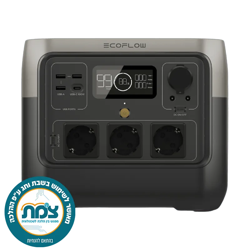 תחנת כח ניידת 2 ECOFLOW RIVER PRO דגם חדש LIFEPO4 קיבולת 0.768Kwh -הספק 0.8-1.6KW טעינה מהירה