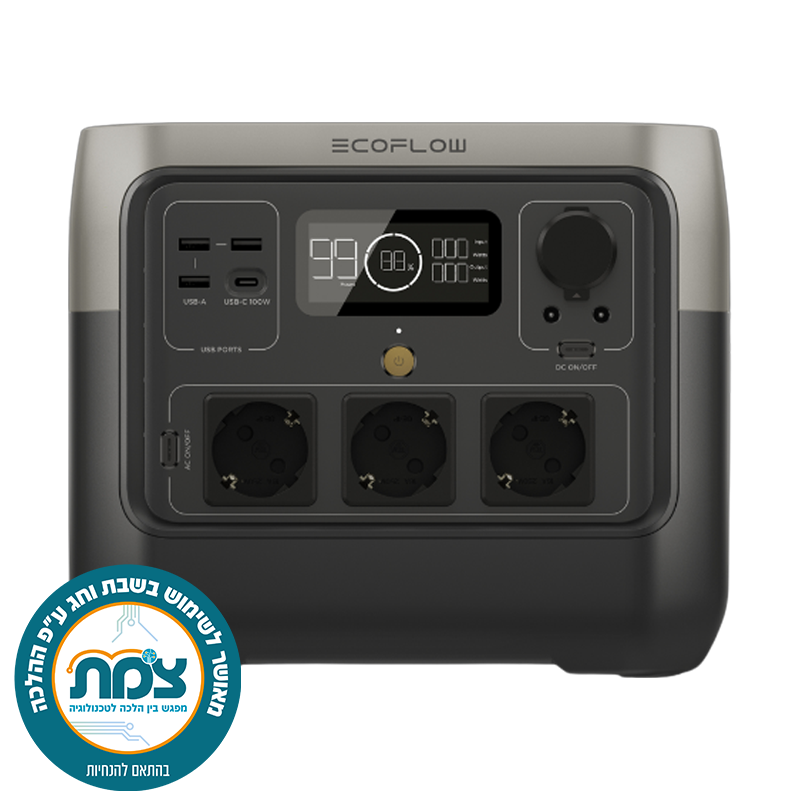 תחנת כח ניידת 2 ECOFLOW RIVER  PRO דגם חדש LIFEPO4  קיבולת 0.768Kwh -הספק 0.8-1.6KW  טעינה מהירה